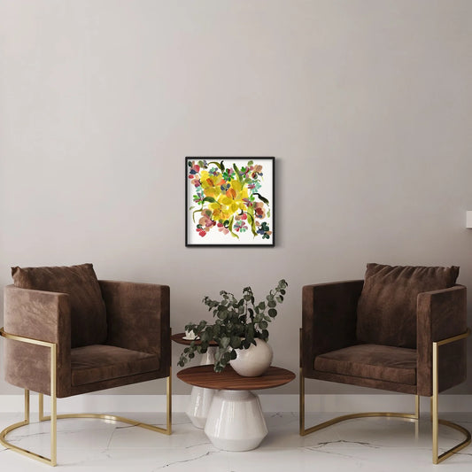 Square yellow floral print above a small table between two brown armchairs.