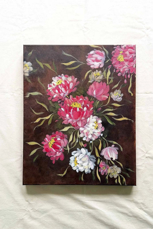 Pink Peonies suspended in an old world charm, original 16x20 inches original painting on canvas by Ramya Rajiv