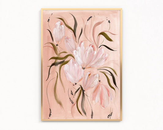 A framed floral painting featuring soft pink tulips with green and dark accents on a dusty pink background, enclosed in a light wood frame and displayed against a white wall.