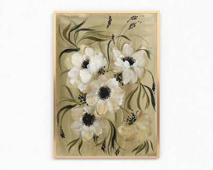 Gold-framed anemone print with four white blooms, dark centers and flowing leaves on golden olive.