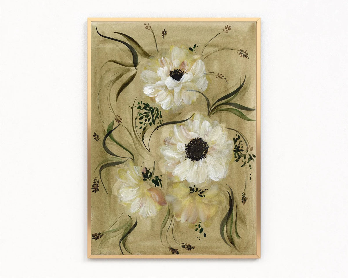 Gold-framed anemone print with three white blooms, dark centers and slender leaves on golden olive.
