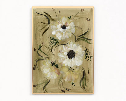 Gold-framed anemone print with three white blooms, dark centers and slender leaves on golden olive.