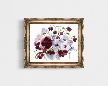 Burgundy and pale purple floral vase print in an ornate gold frame.