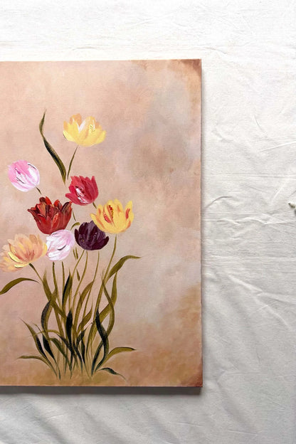 A original canvas painting featuring a cluster of colorful tulips, including yellow, pink, red, and purple flowers with green stems, set against a textured beige background. 
