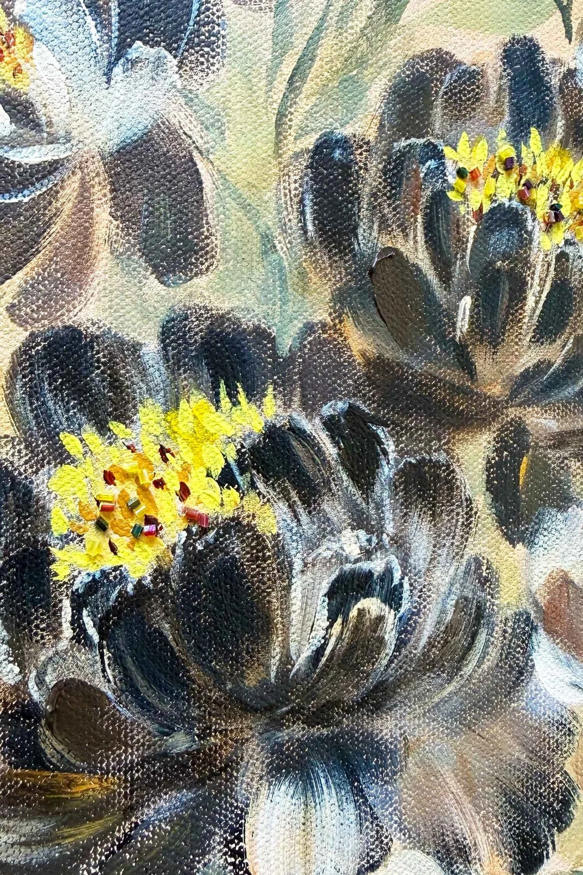 Close-up of an oil painting depicting succulent plants with dark gray-green leaves and bright yellow flower centers on a textured canvas.