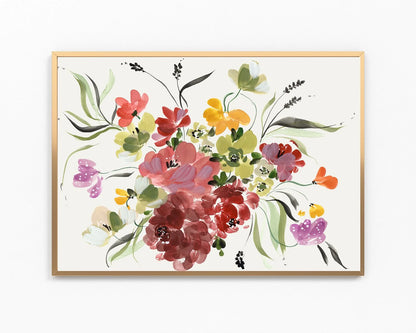 Horizontal gold-framed floral print with pink, red, yellow and purple blossoms on white.