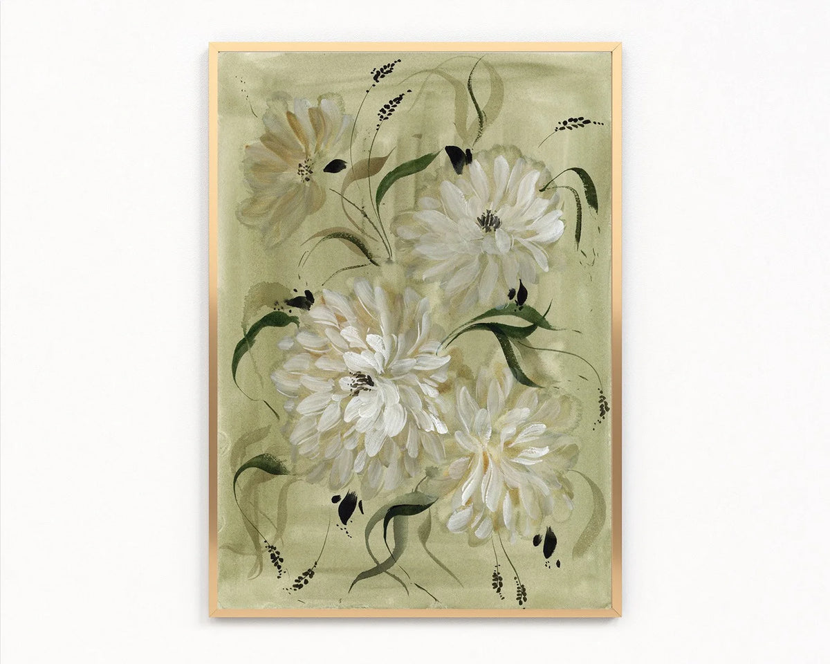 Dahlia 1 print with white flowers, green leaves and delicate dark sprigs on sage, in a gold frame.