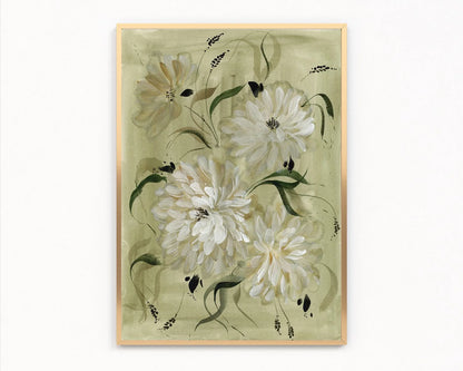 Dahlia 1 print with white flowers, green leaves and delicate dark sprigs on sage, in a gold frame.