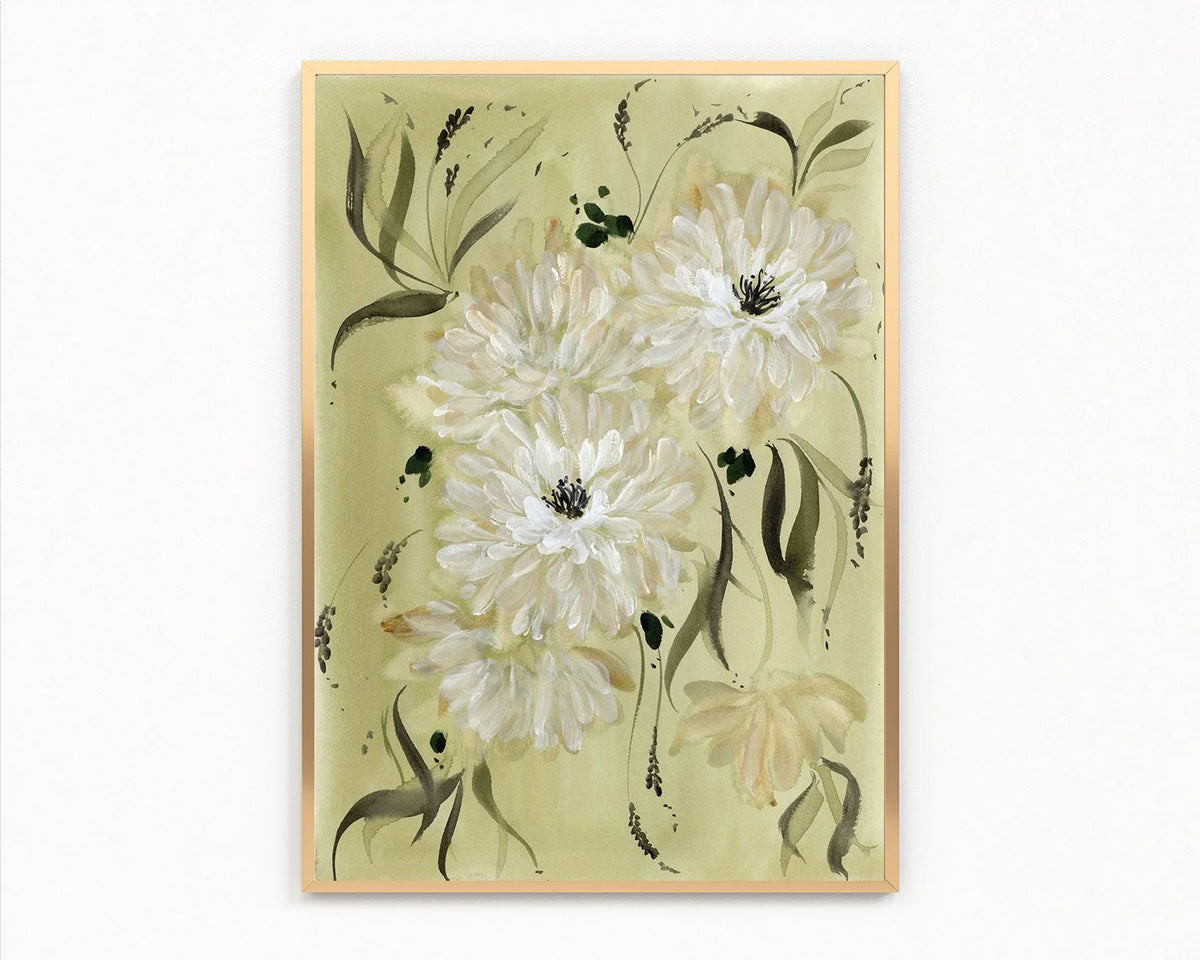 Dahlia II print with clustered white flowers and flowing green leaves on sage, in a gold frame.