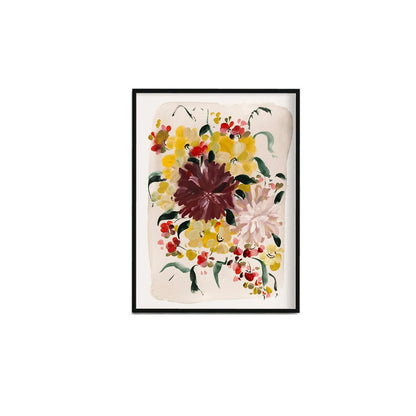 Dahlia floral art print with burgundy and pale pink flowers in a black frame on a white wall.