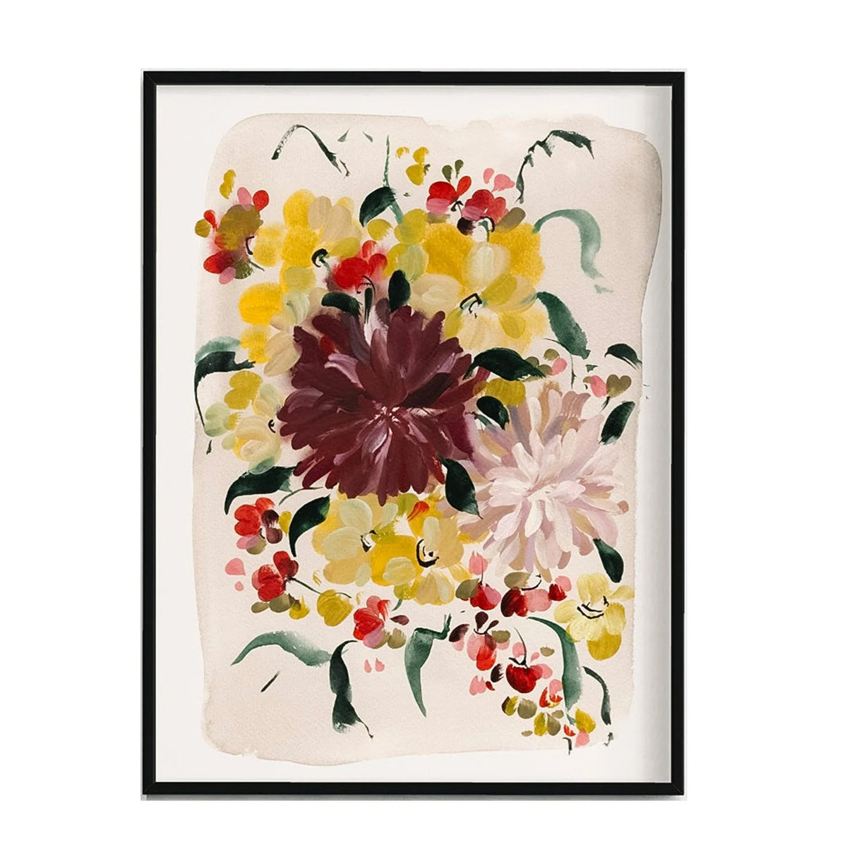 Black-framed floral art print with burgundy and pale pink dahlias, yellow and red blossoms, and green leaves on an ivory background.