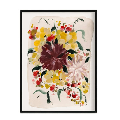 Black-framed floral art print with burgundy and pale pink dahlias, yellow and red blossoms, and green leaves on an ivory background.