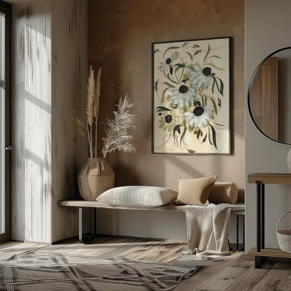 Large white daisy print above a cushioned entryway bench beside a mirror and dried grasses.