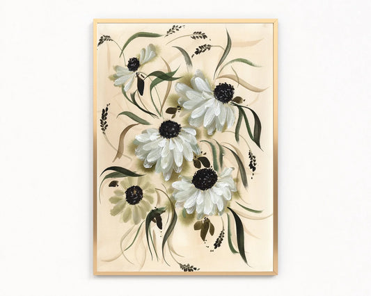 Gold-framed print of white daisies with dark centers and flowing green leaves on cream.