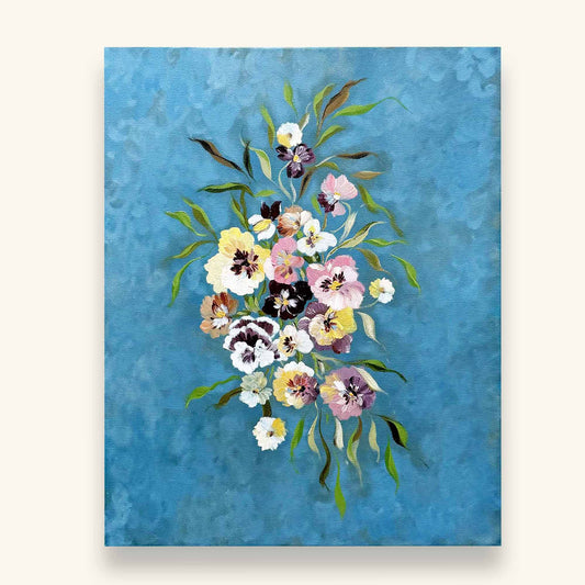 A canvas painting featuring a vibrant bouquet of pansies on a textured sky blue background. Original art by Ramya Rajiv