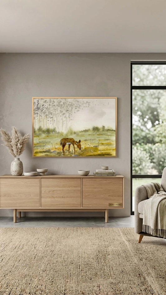 A framed landscape painting of a deer in a field hangs on a gray wall above a light wood sideboard in a modern living room setting.