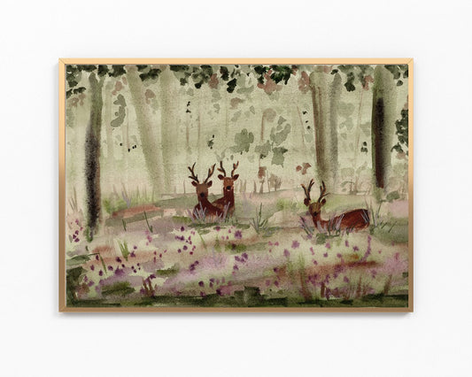 A framed watercolor painting of a forest scene with deer among trees and purple wildflowers, shown against a plain white background.