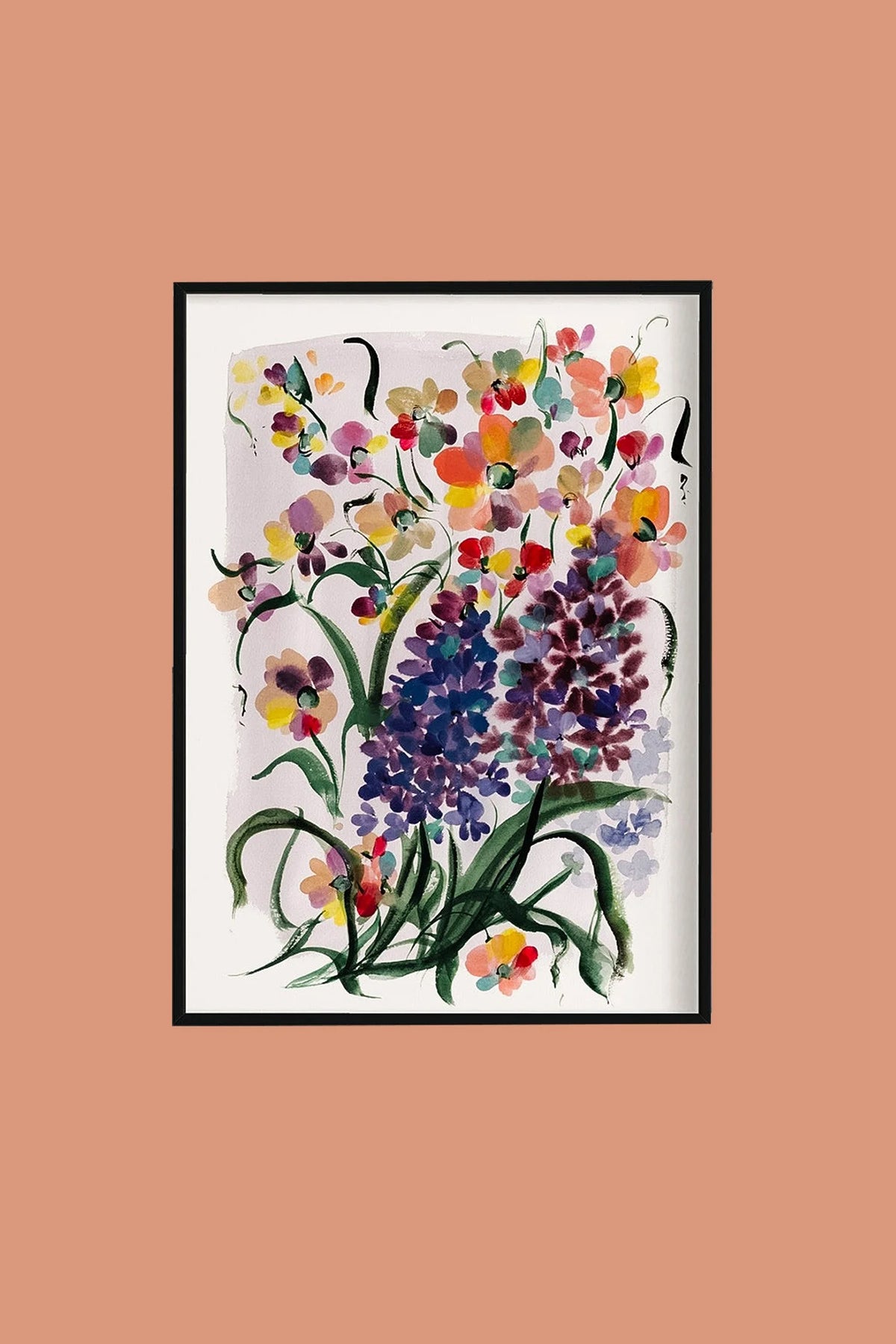 Black-framed purple hyacinth and mixed floral print on a peach wall.