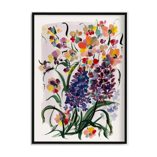 Black-framed print of purple hyacinths with colorful small flowers and long green leaves.