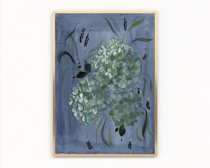 Hydrangea 1 print with pale green flower clusters and slender leaves on blue, in a gold frame.