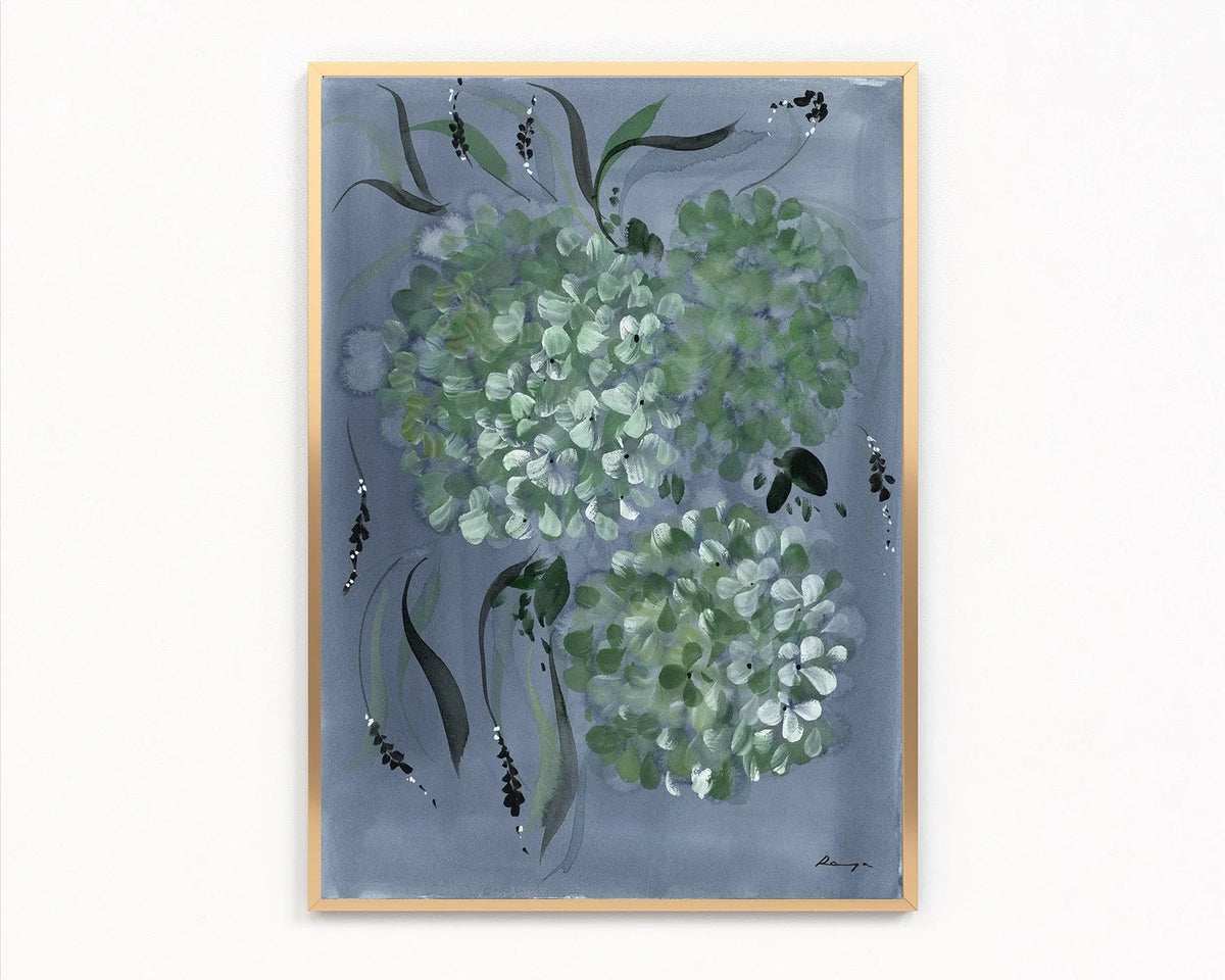 Hydrangea II print with pale green flower clusters and sweeping leaves on blue, in a gold frame.