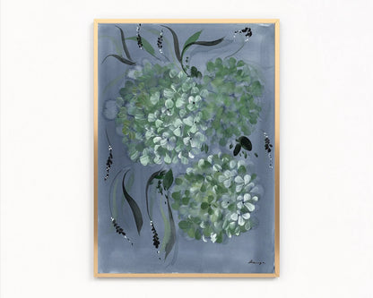 Hydrangea II print with pale green flower clusters and sweeping leaves on blue, in a gold frame.