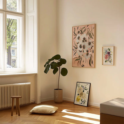 Large white anemone print on peach displayed with two smaller floral prints in a sunlit room.