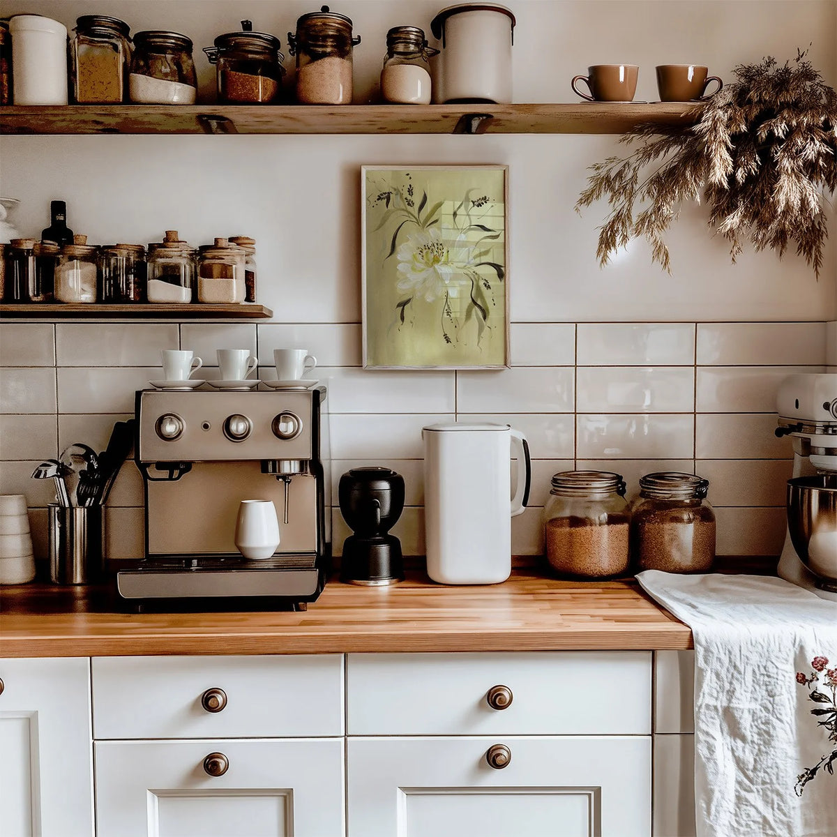 Golden-background white peony print above a kitchen counter with an espresso machine.