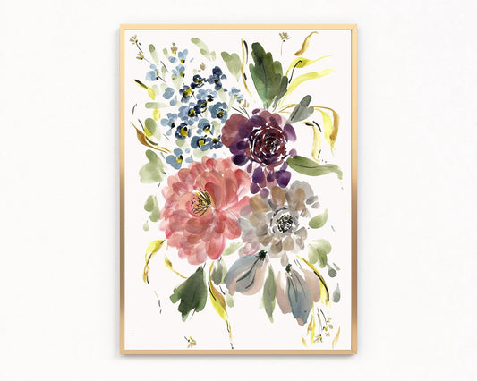 Gold-framed mixed floral print with pink and purple blooms, blue flower clusters and green foliage.