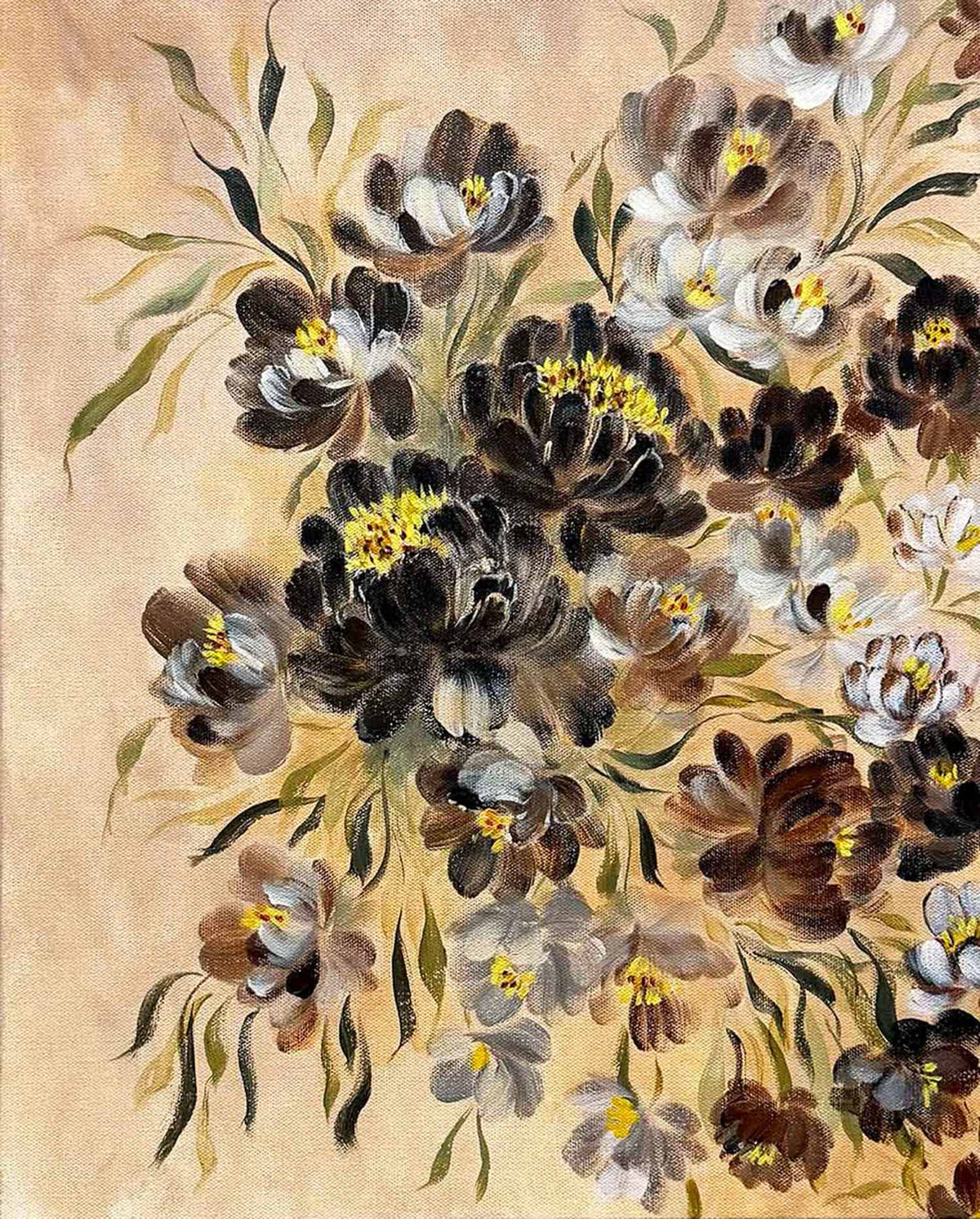 A floral painting featuring dark brown, black, white, and gray blossoms with yellow centers and green leaves on a warm beige background. Fine Art Original by Ramya Rajiv