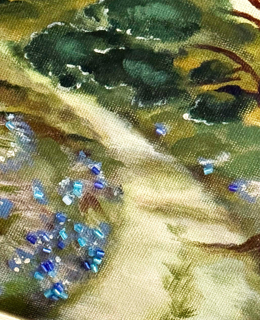 Close up of beaded detail along the pastoral landscape path