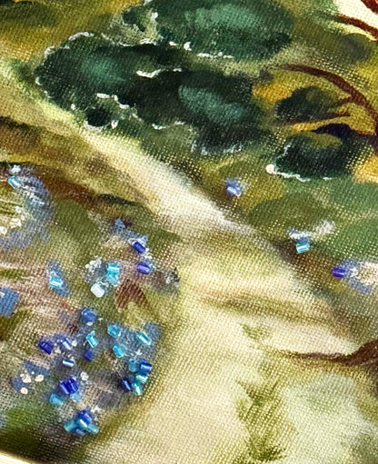 Close up of beaded detail along the pastoral landscape path