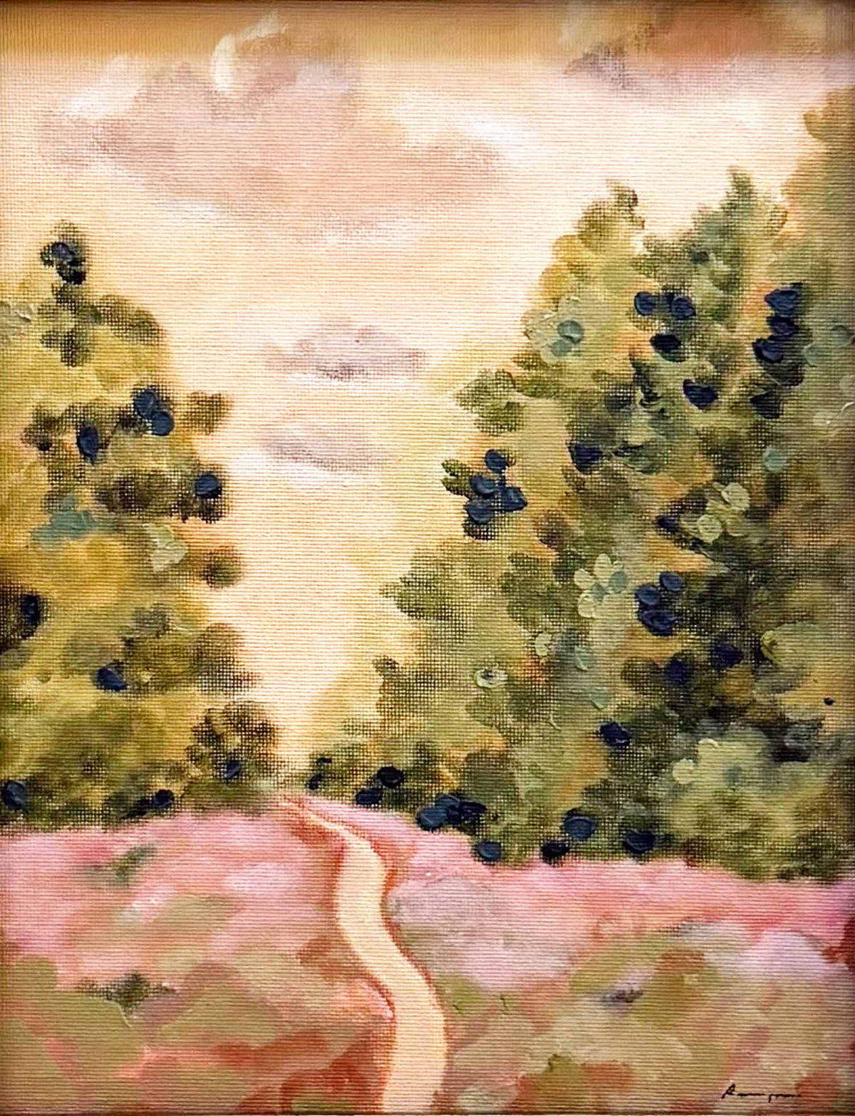 Pink flowers meadow with a winding path pastoral original landscape 