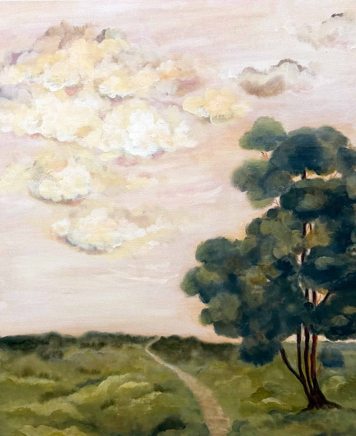 A landscape painting featuring a large dark green tree on the right, a winding path through green fields at the bottom, and soft cream and pink clouds in a pale sky.