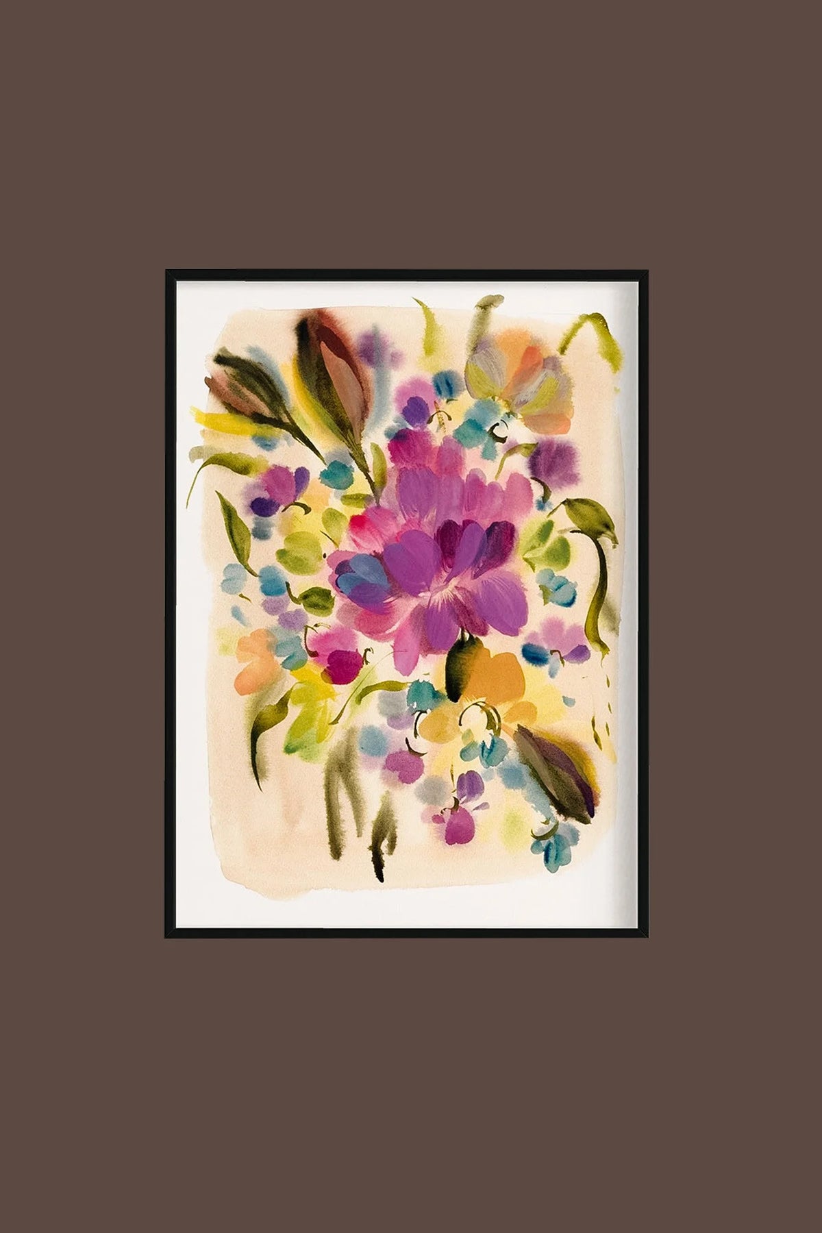 Pink-purple peony floral print in a black frame on a brown wall.