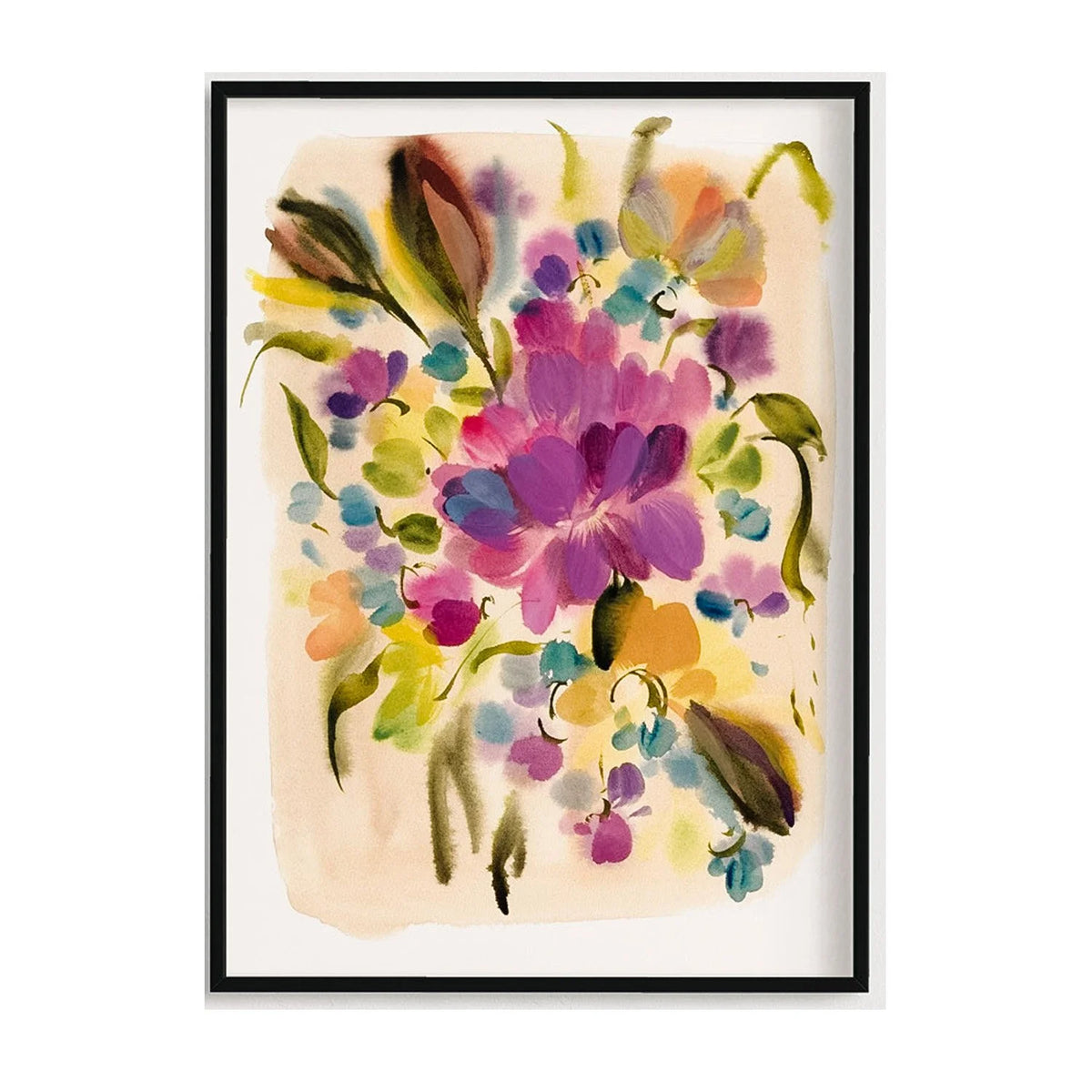Black-framed abstract floral print with a large pink-purple peony, blue and yellow blossoms and green leaves.