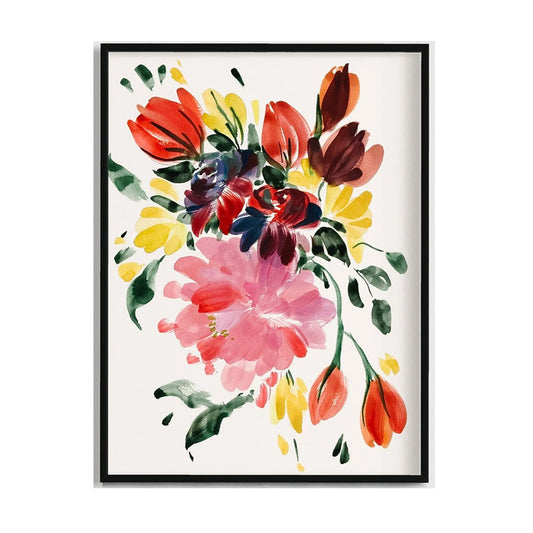 Black-framed floral print with a large pink peony, red-orange tulips and green leaves on white.