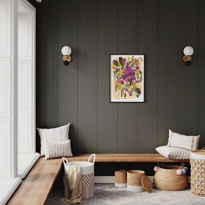 Pink-purple peony print in a black frame above a wooden entryway bench, surrounded by woven baskets.