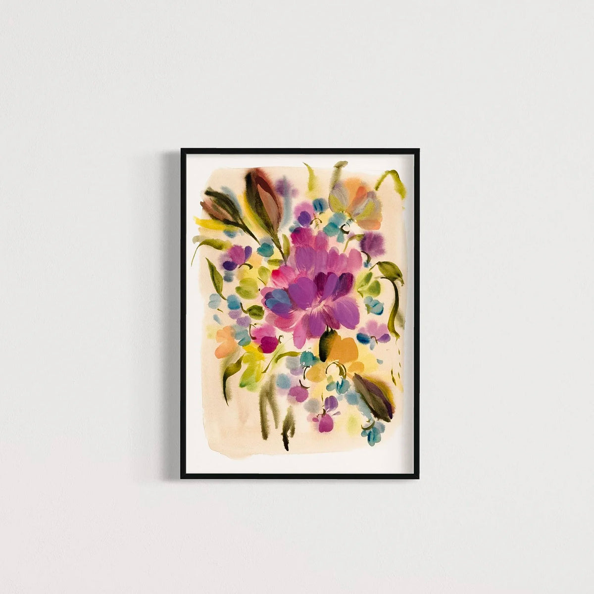 Pink-purple peony floral print with colorful blossoms in a black frame on a pale wall.