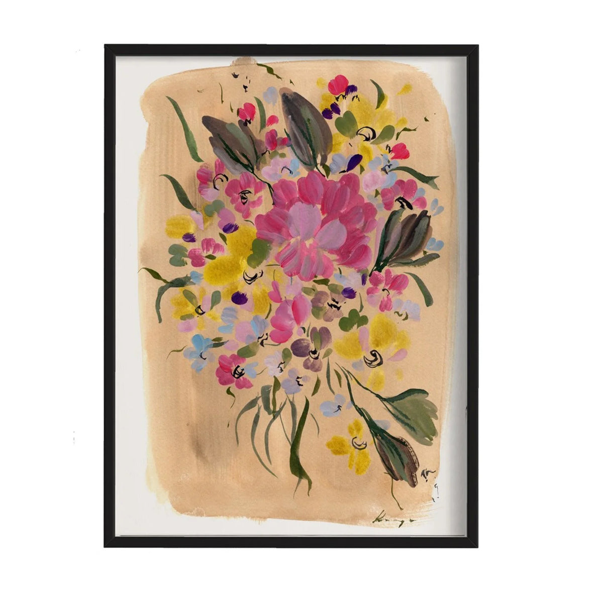 Black-framed floral art print with a large pink peony, small yellow and lavender blossoms, and green leaves on a peach background.