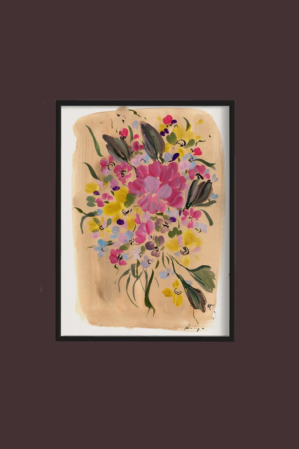 Black-framed print of a pink peony and colorful blossoms on a peach background, displayed on a dark brown wall.