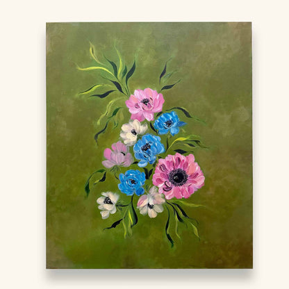 Original painting with pink, blue and cream anemones on a layered green backwash by  Ramya Rajiv
