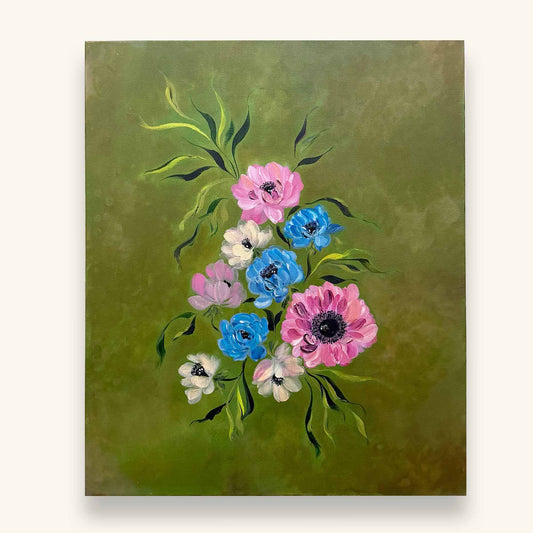 Original painting with pink, blue and cream anemones on a layered green backwash by  Ramya Rajiv