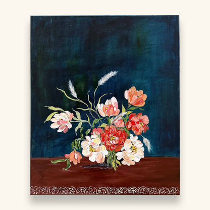 An Original painting of a floral bouquet with white, red, and peach flowers on a dark blue background