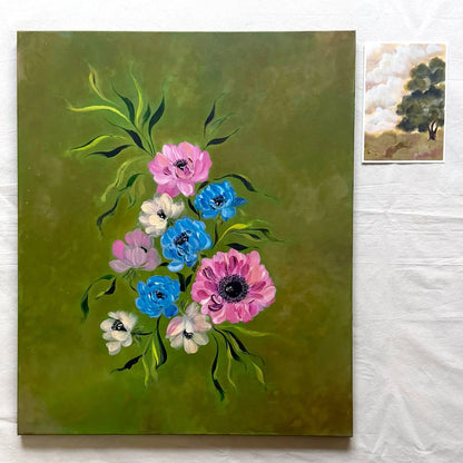 A original painting on canvas featuring a bouquet of pink, blue, and white anemone flowers with green leaves on an olive green background