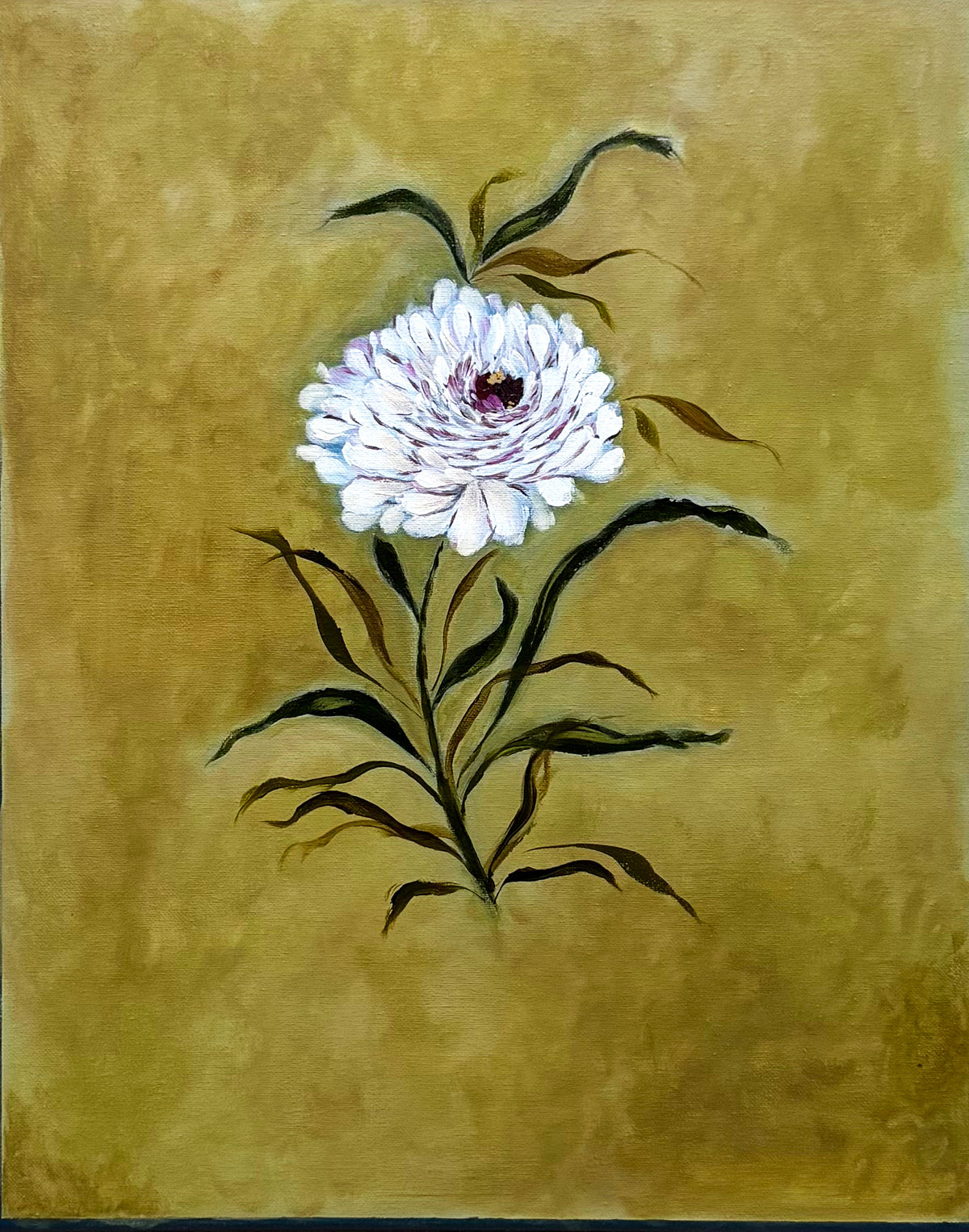 A painting of a single white flower with dark green leaves on a textured gold green background. Fine Art Original by Ramya Rajiv