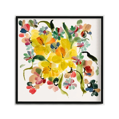 Square black-framed print of yellow narcissus with colorful small blossoms and green leaves.