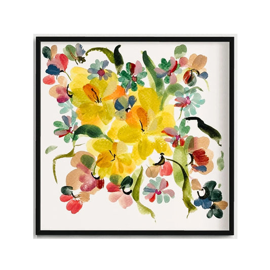 Square black-framed print of yellow narcissus with colorful small blossoms and green leaves.