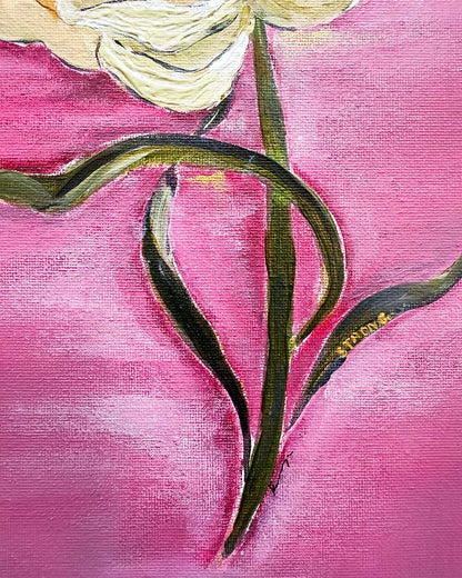 Close-up of a painted floral artwork showing a pale cream flower with dark green stem and leaves against a vivid pink background.