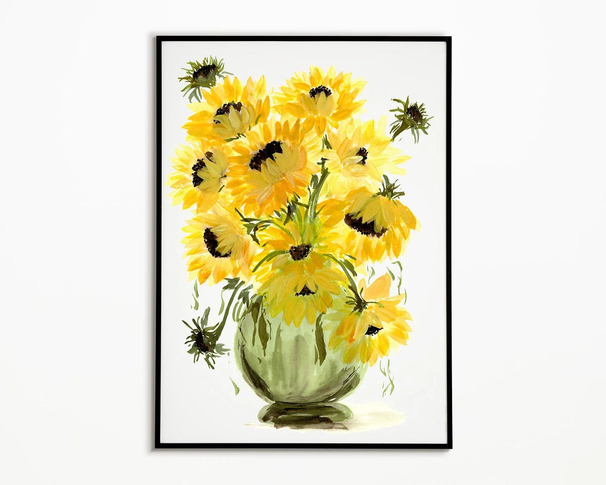 Black-framed print of yellow sunflowers in a pale green pedestal vase.